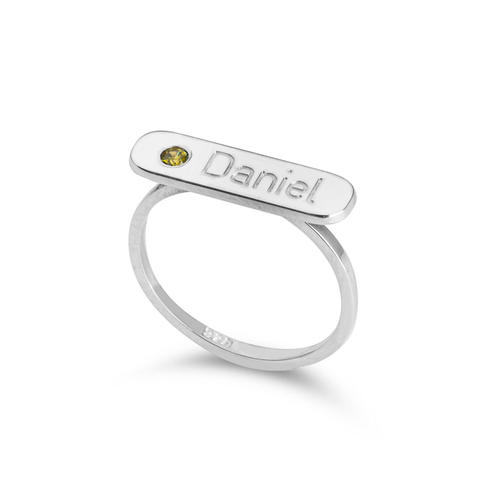 Engraved Bar Ring with Birthstone