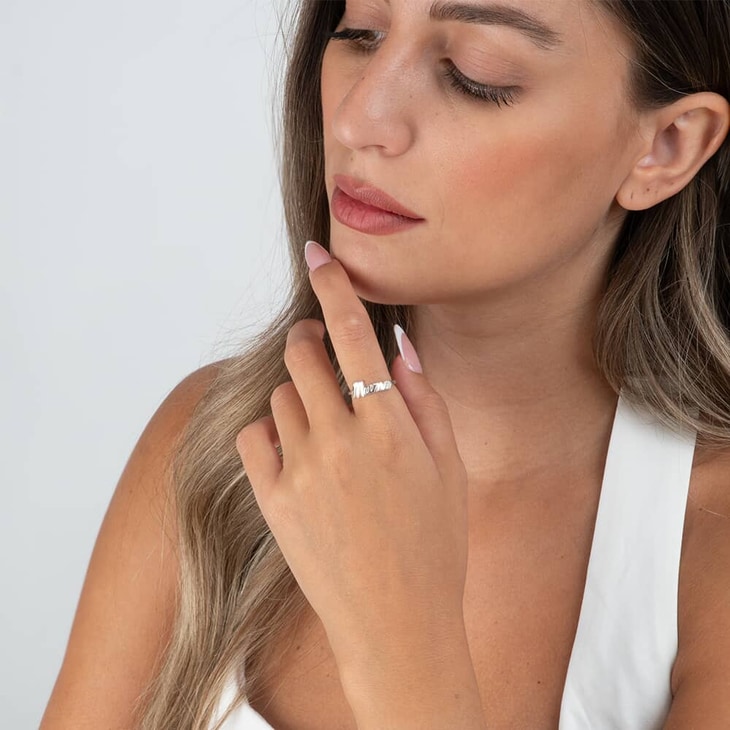 Dainty Mama Ring on a model 3