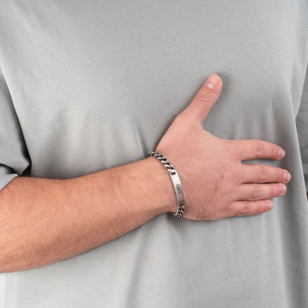 Custom Black Silver Bracelet For Him on a model - 2