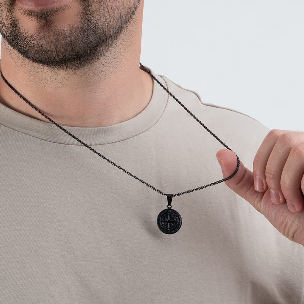 Custom Black Compass Necklace For Men