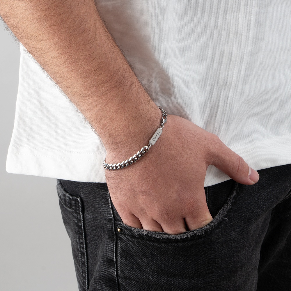 Mens Engraved Cuban Link Bracelet on a model