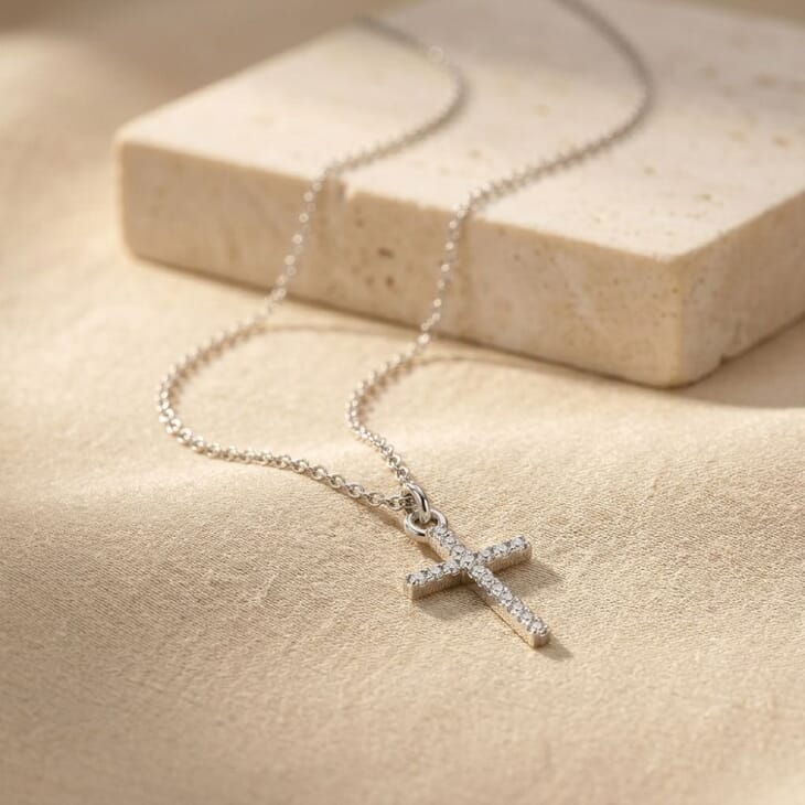 Refined Petite Zircon Cross Necklace in silver with a petite cross charm and zircon details
