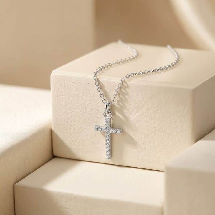 Elegant Petite Zircon Cross Necklace in shining silver with a petite cross charm