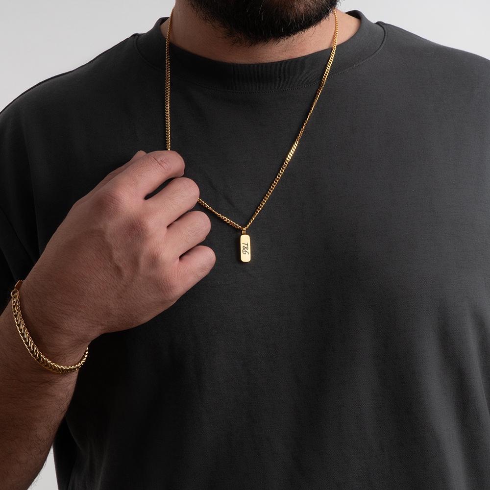 Men’s Thick Bar Necklace – Custom Engraved on a model