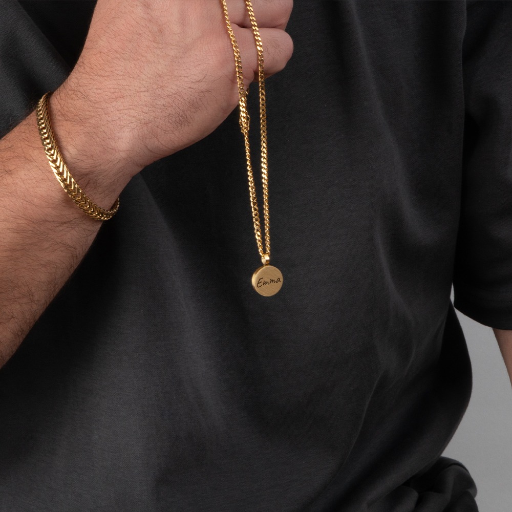 Thick Round Pendant Necklace with Custom Engraving on a model - 2