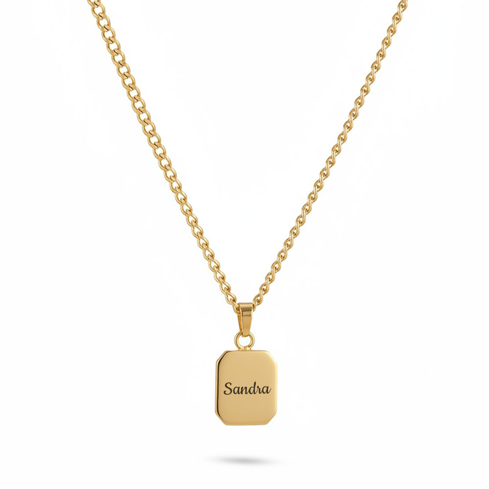 Womens Engravable Thick Tag Pendant on Curb Chain