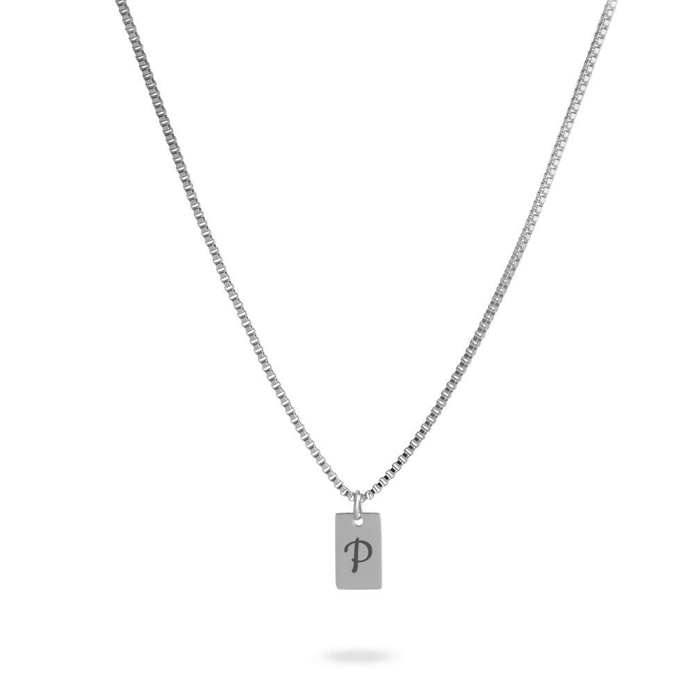 Personalized Tiny Bar Necklace with Initial Engraving on a model - 2