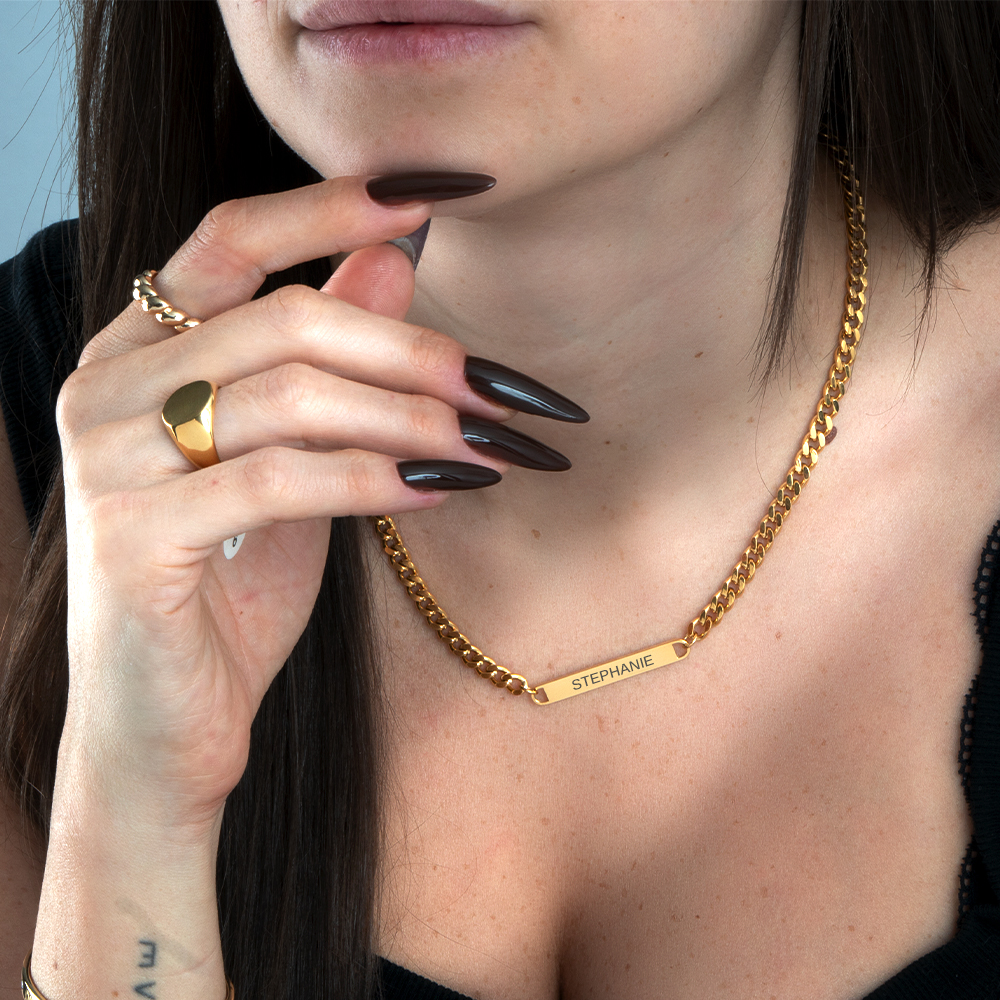 Personalized Engraved Cuban Chain Bar Necklace For Her on a model