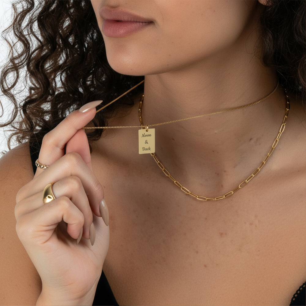 Custom Tag Necklace With Engraving on a model