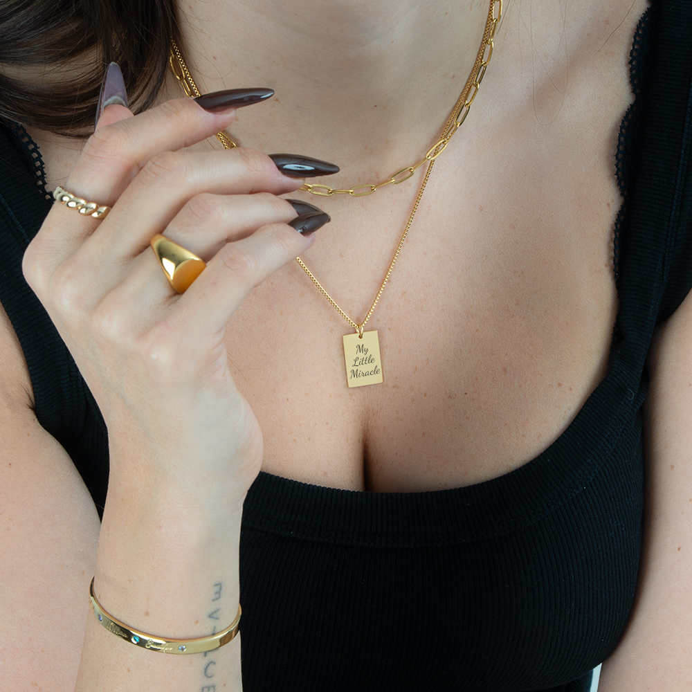 Custom Tag Necklace With Engraving on a model - 2