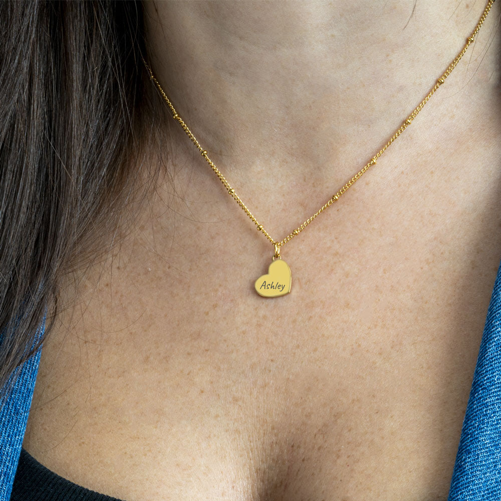 Engraved Beaded Heart Chain Necklace on a model