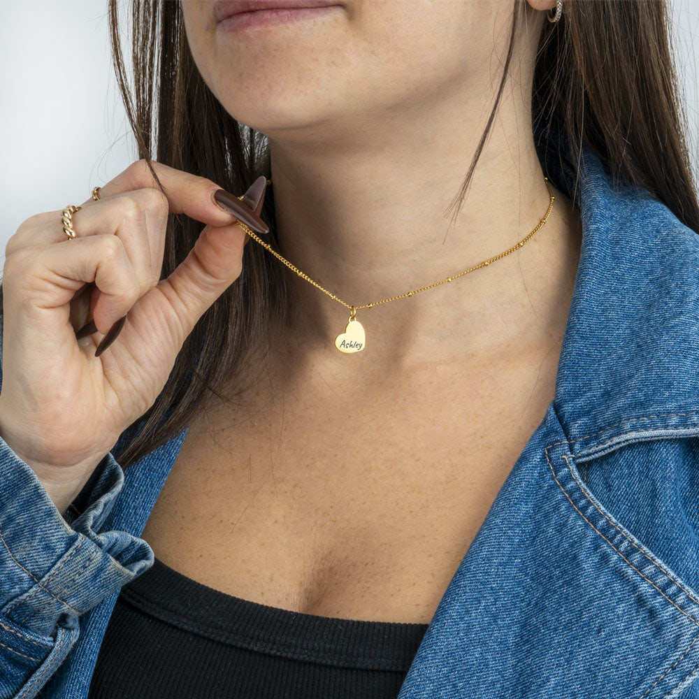 Engraved Beaded Heart Chain Necklace on a model - 2