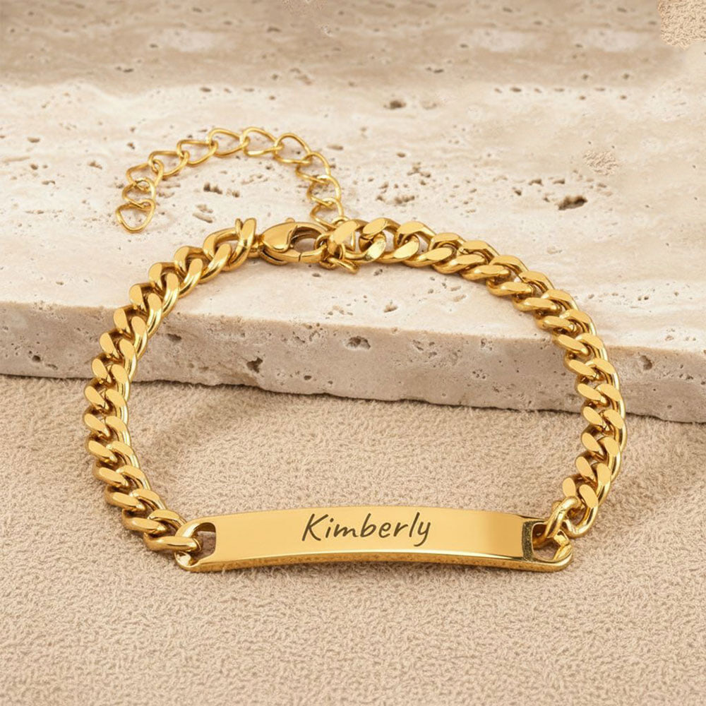 Engravable Dainty Cuban Chain Bracelet - Minimalist ID Bar Jewelry on a model