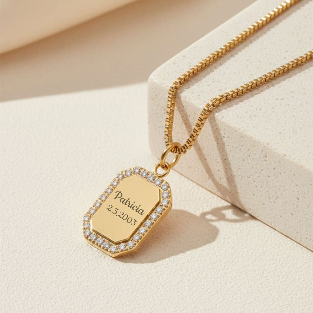 Custom Cubic Zirconia Halo Frame Pendant on a model