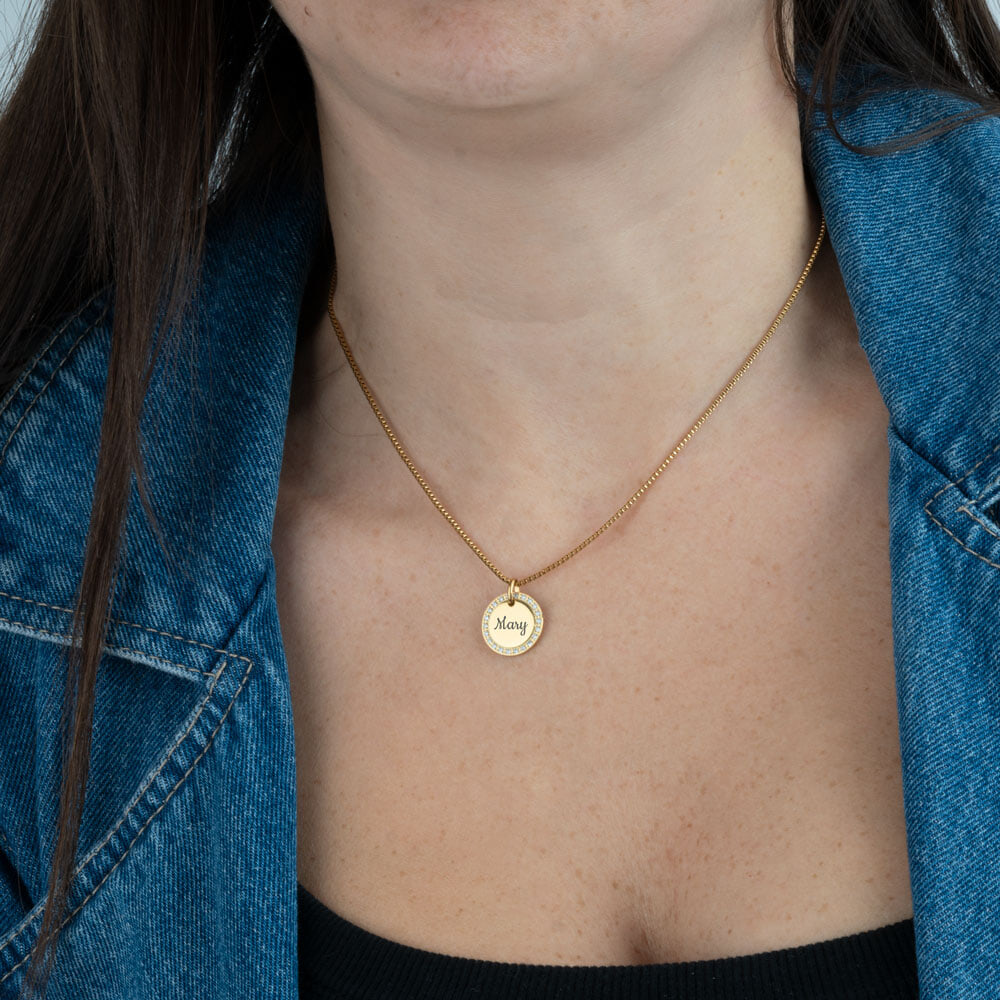 Halo Round Pendant with Snake Chain on a model - 2