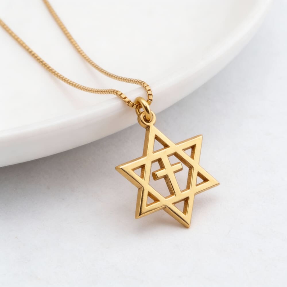 The Cross Star of David Necklace on a model - 2