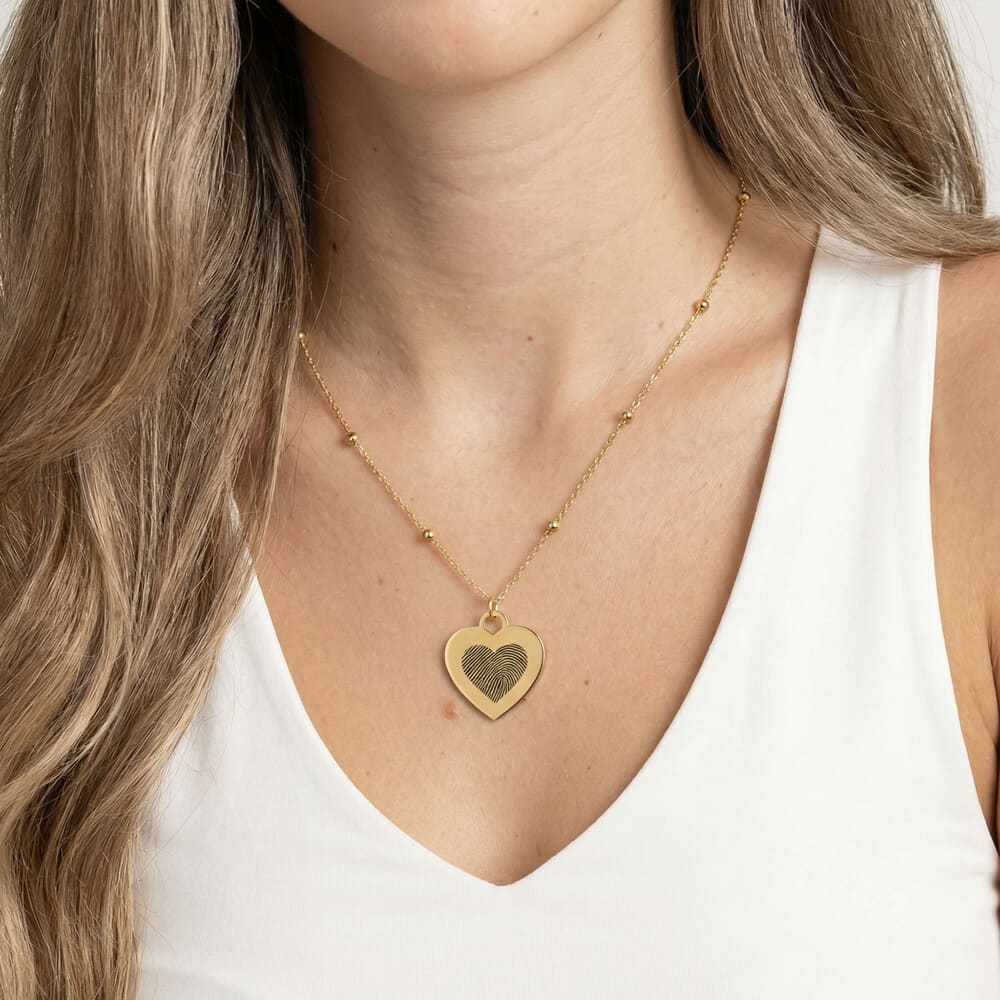 Engraved Fingerprint Heart Necklace with Beaded Chain