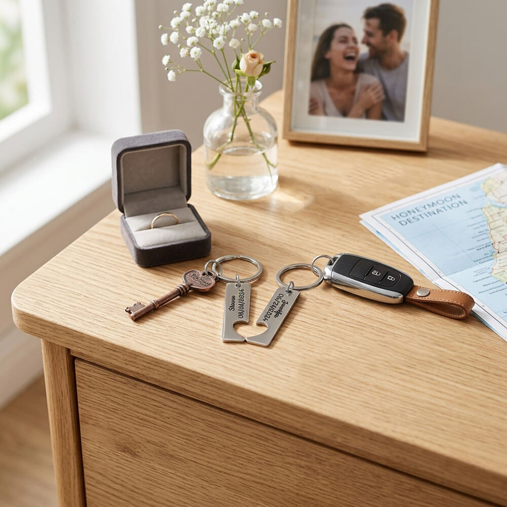 Couple enjoying their personalized split heart keychain set on a wooden surface