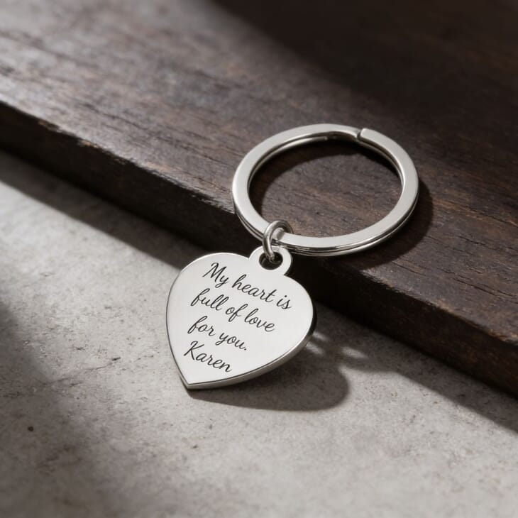 Silver heart keychain with engraving, beautifully posed on a wooden surface.