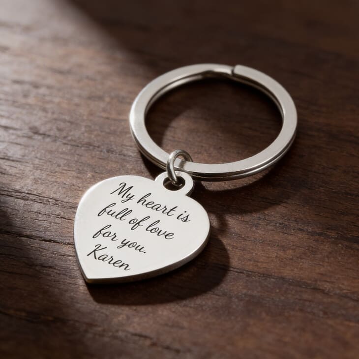 Silver heart keychain showcasing a heartfelt engraving on a wooden background