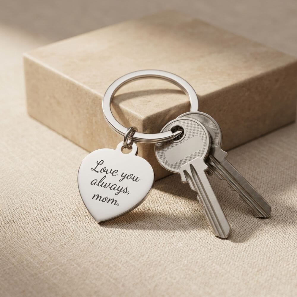 Engraved heart keychain, paired with keys, emphasizing a personal touch.