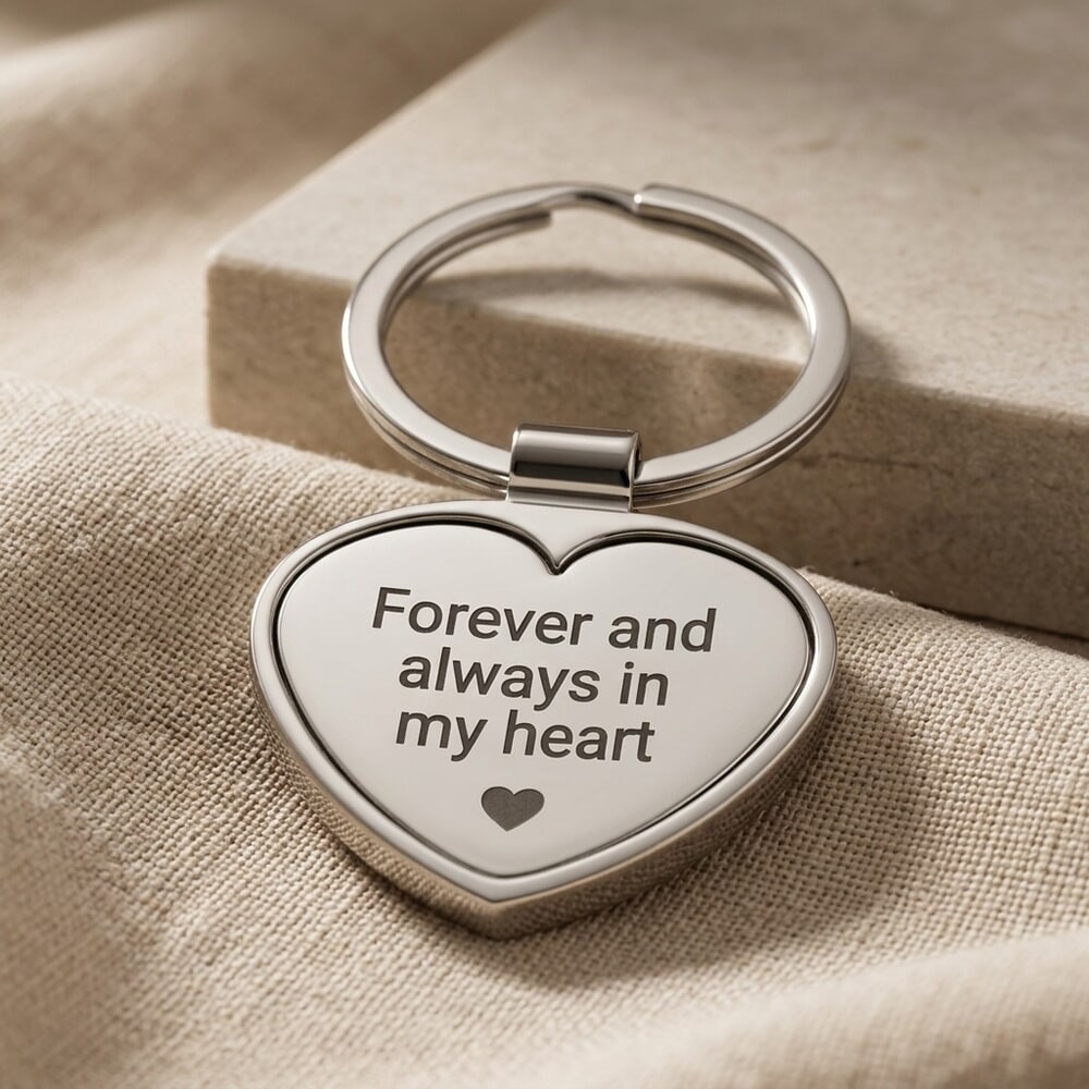 Model displays a custom heart keychain, adding a touch of elegance to her outfit.