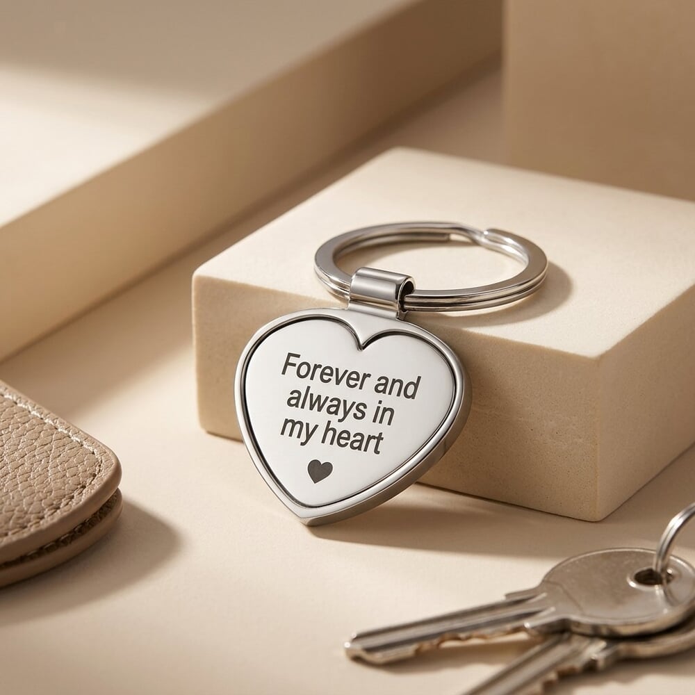 Model displays a custom heart keychain, adding charm to her ensemble.