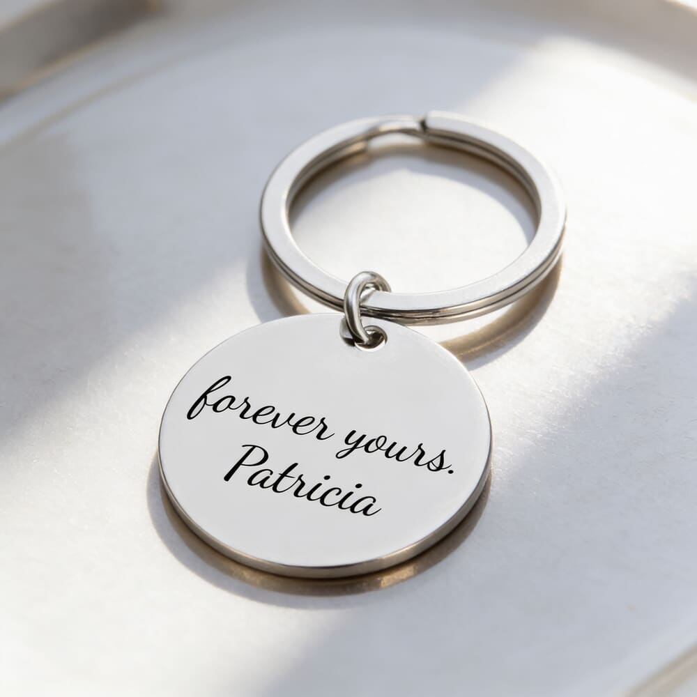 Engraved disc keychain worn by model, capturing the charm of personalized jewelry outdoors