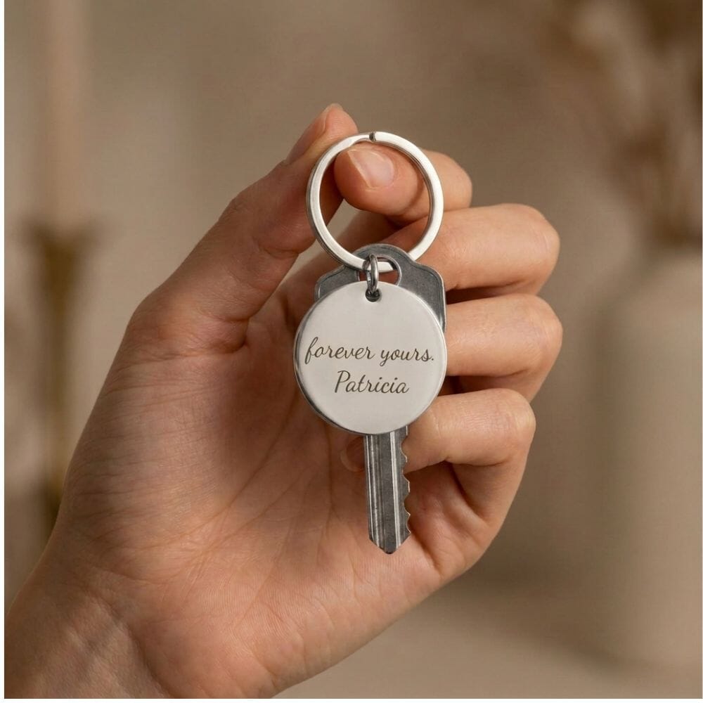 Fashionable model shows off engraved disc keychain, emphasizing unique engraving in a home environment