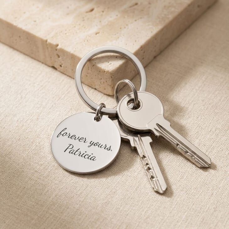Fashionable model showcases engraved disc keychain, highlighting custom message with keys in hand