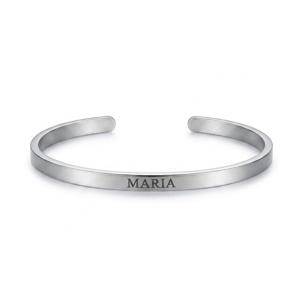 Personalized Thin Open Bangle Bracelet with Engraving - Silver