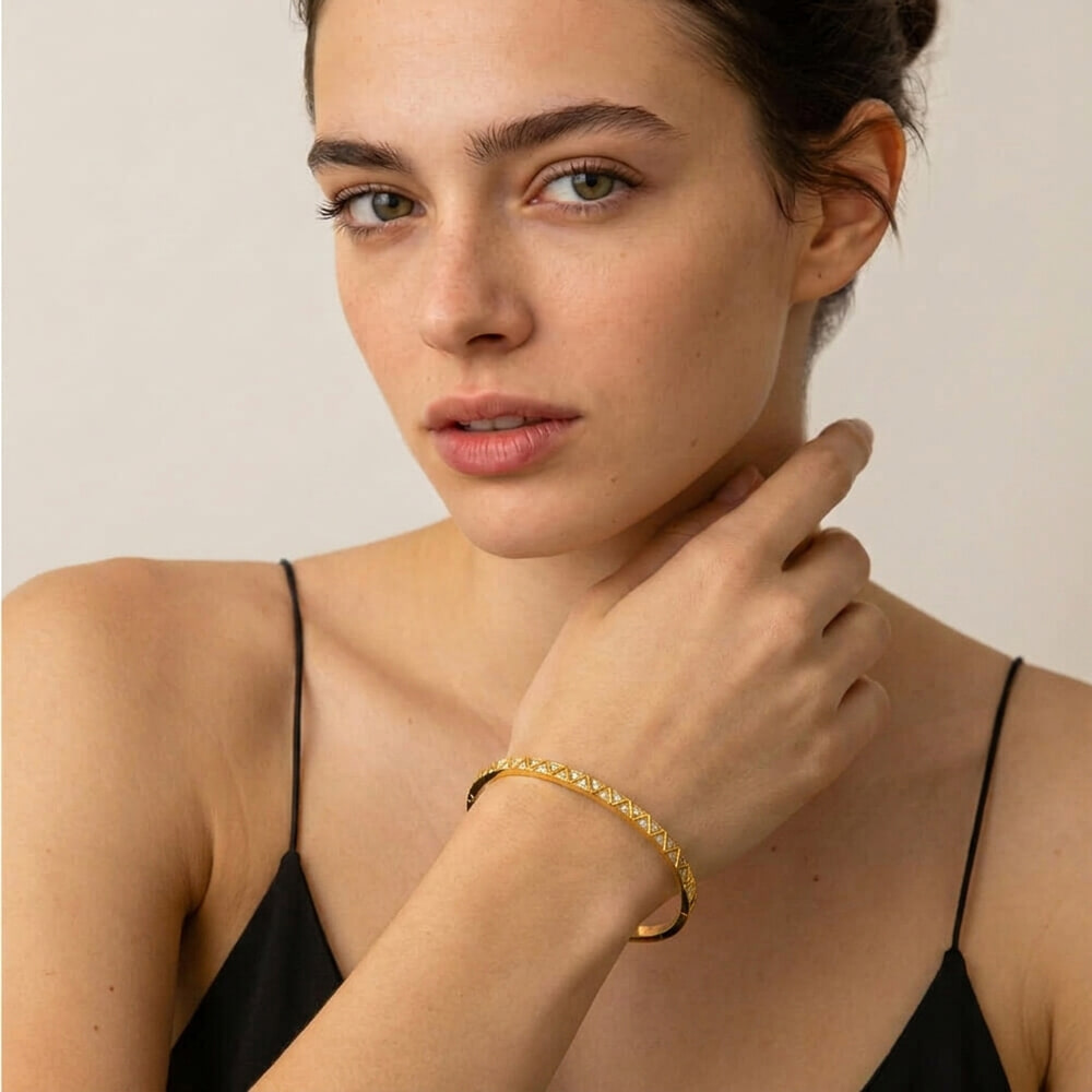Model elegantly presents the Full Zircon Bangle Bracelet, enhancing her look