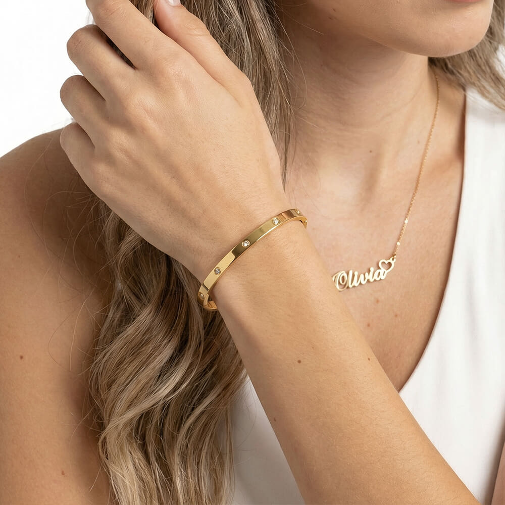 Minimalist Bangle Bracelet with Cubic Zirconia on a model - 2