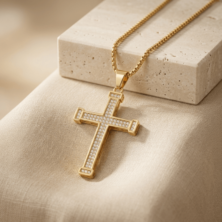 Gold Large Zircon Cross Necklace showcasing brilliant zirconia stones on a smooth fabric