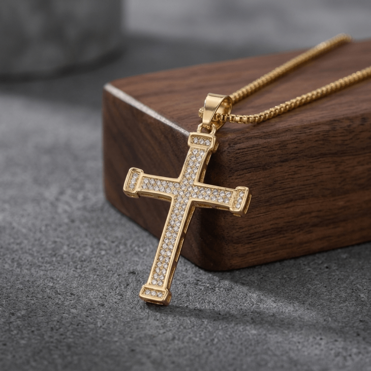 Large Zircon Cross Necklace in silver highlighted by shimmering zirconia on a wooden base