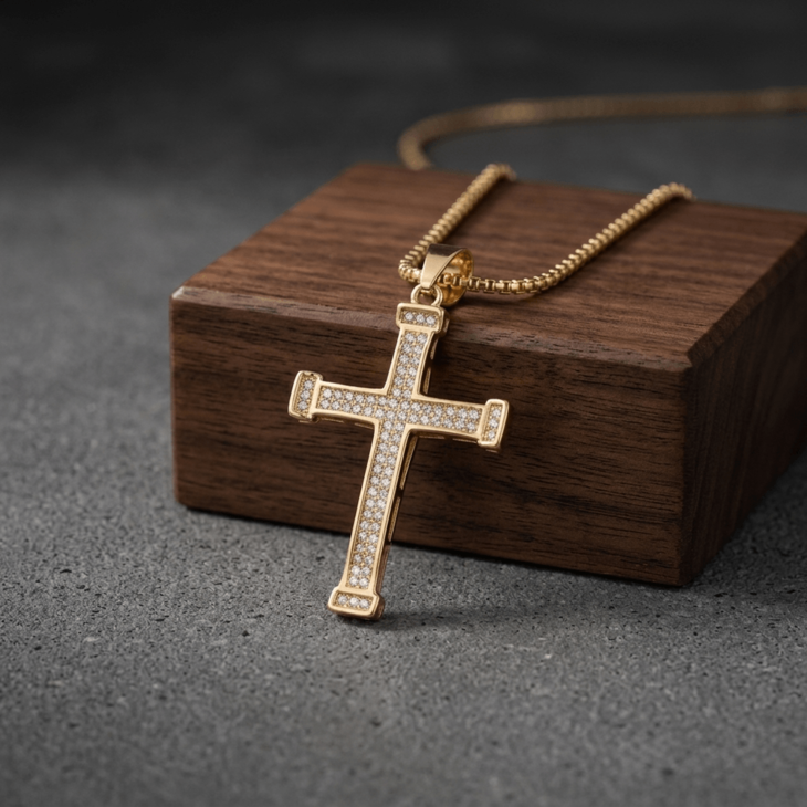 Large Zircon Cross Necklace in silver presented on a smooth stone surface