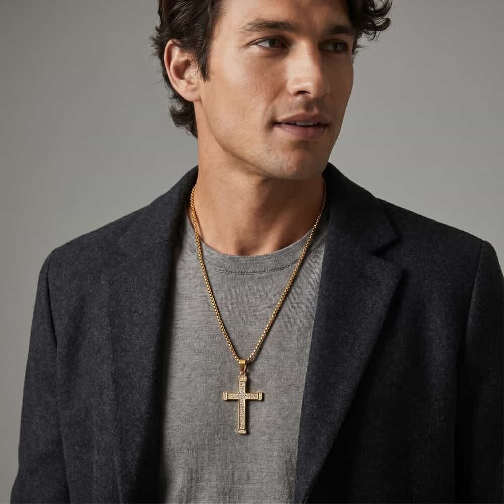 Stylish man featuring the Large Zircon Cross Necklace in casual wear