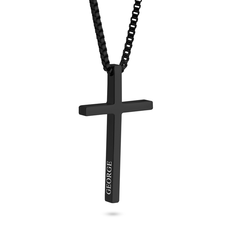 Men’s Black Cross Necklace with Name Engraving