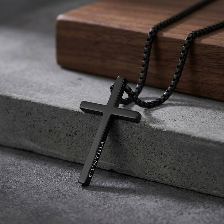 Men's Black Cross Necklace showcasing modern style and name engraving