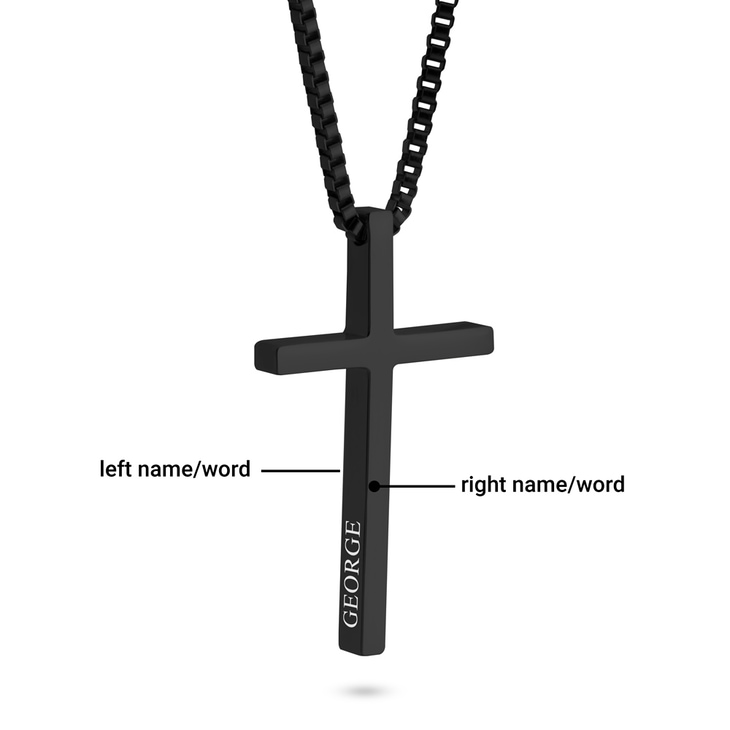 Men's Black Cross Necklace displaying name engraving on sleek pendant