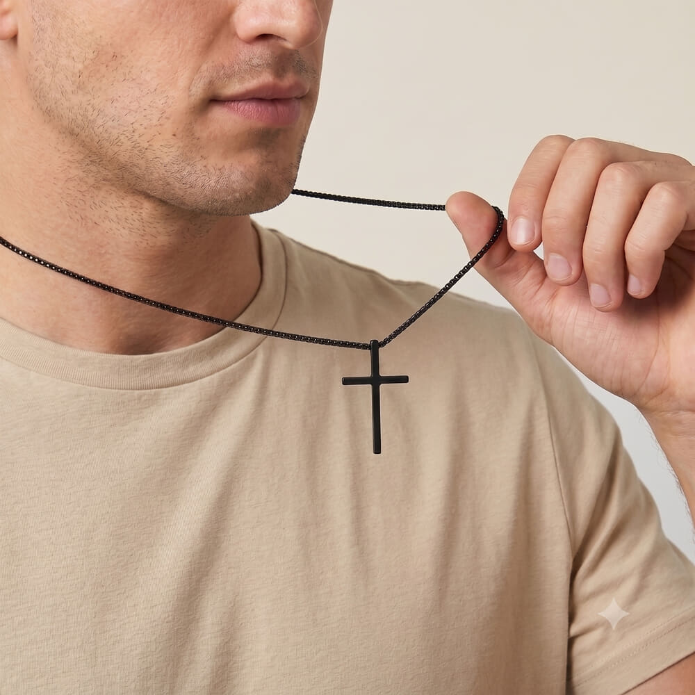 Man holding Men's Black Cross Necklace with name engraving, styled simply