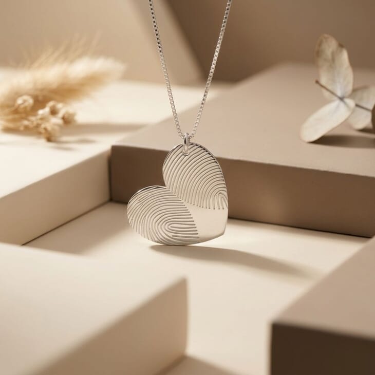 The Personalized Double Fingerprint Heart Necklace on a neutral surface, showcasing its charming heart design.
