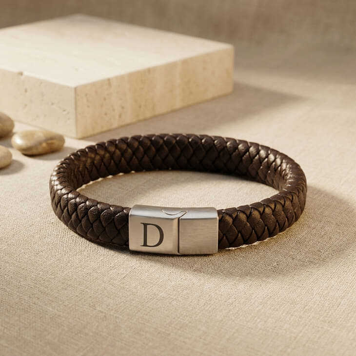 Brown Leather Bracelet for Men with a silver engraved clasp displayed on a soft surface