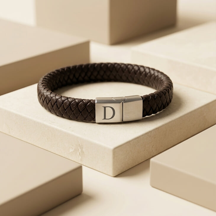 Brown Leather Initial Bracelet for Men showcasing a sleek silver clasp on a textured surface