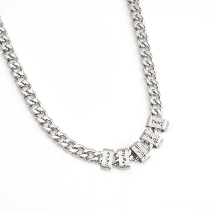 Personalized Father’s Cuban Chain Necklace with Engraved Name Beads
