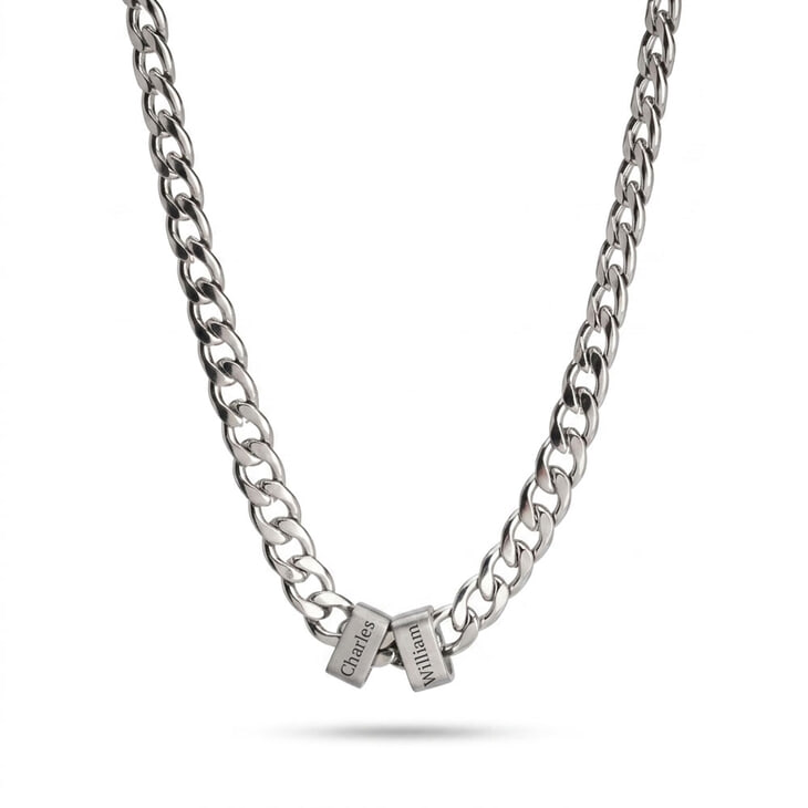 Silver personalized engraved beaded Cuban chain necklace in sleek design