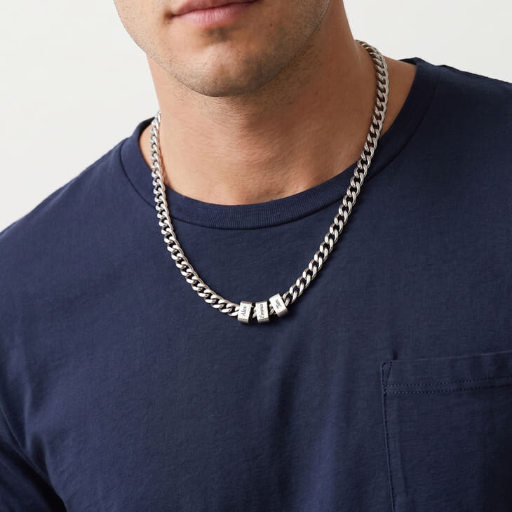 Personalized Father’s Cuban Chain Necklace with Engraved Name Beads