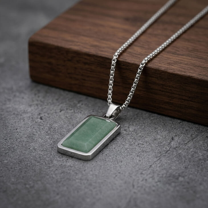 Men’s Green Aventurine Dog Tag Necklace showcasing silver frame and green stone