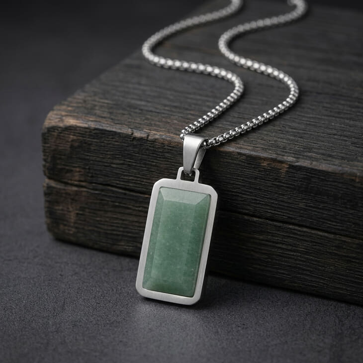 Men's Green Aventurine Dog Tag Necklace with stylish silver chain detail