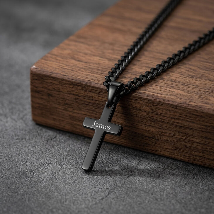 Engraved black cross necklace displayed on a wooden table